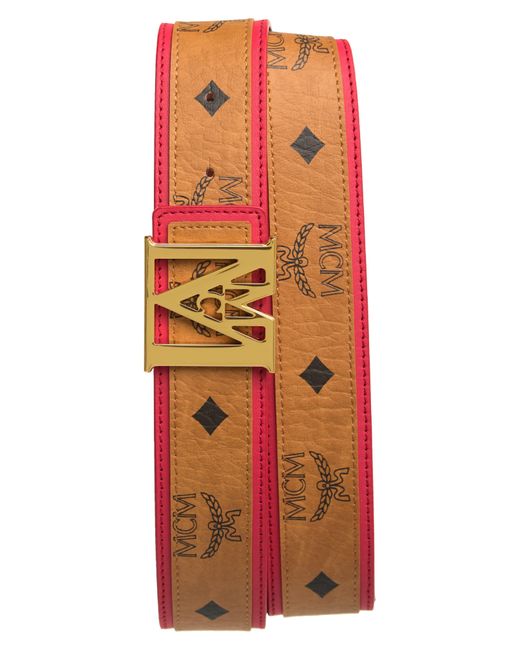 MCM Mena M Buckle Reversible Faux Leather Logo Belt In Firefly Red At