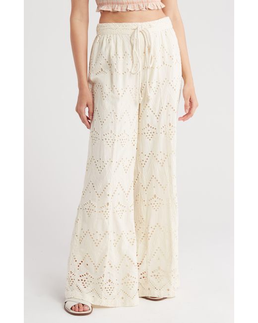 Free People Natural Emma Embroidered Eyelet Cotton Wide Leg Pants