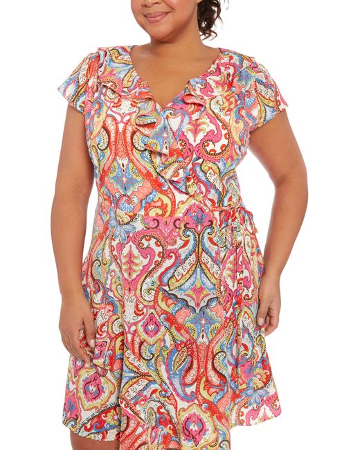 London Times Red Cap Sleeve Abstract Print Wrap Sundress