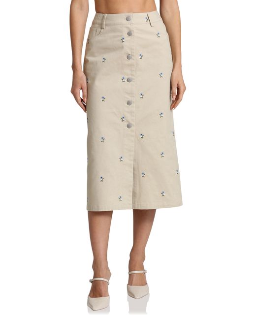 Avec Les Filles Natural Floral Embroidered Button Front Midi Skirt