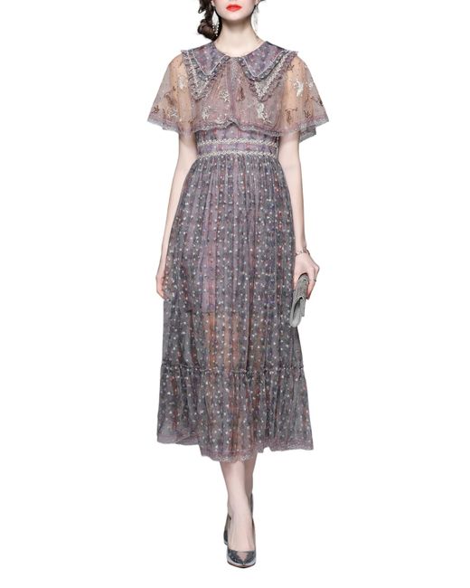 Kaimilan Embroidered Cocktail Midi Dress in Gray | Lyst