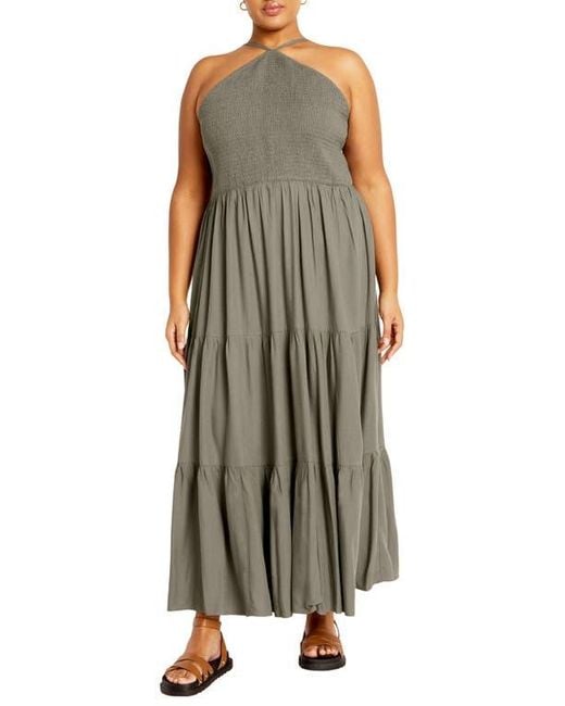 City Chic Women's Green Tahitian Halter Tiered Maxi Dress