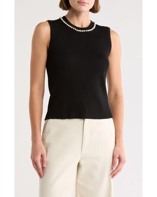 Adrianna Papell Black Imitation Pearl Ribbed Sleeveless Sweater