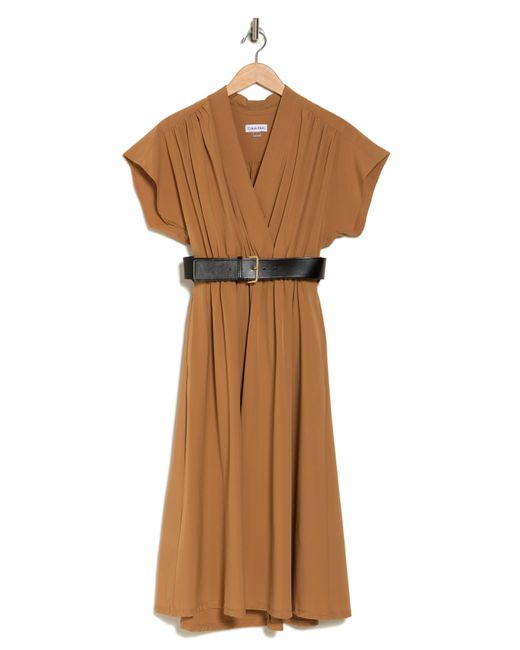 Calvin Klein Brown Short Sleeve Belted Midi Dress