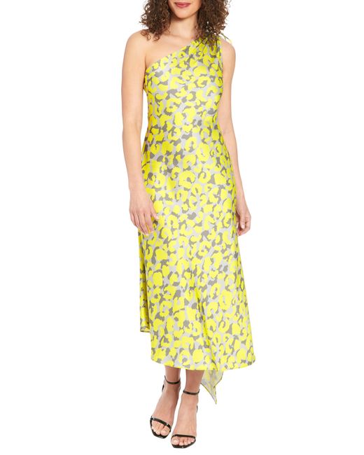 London Times Yellow Ruched Asymmetric One-shoulder Maxi Dress