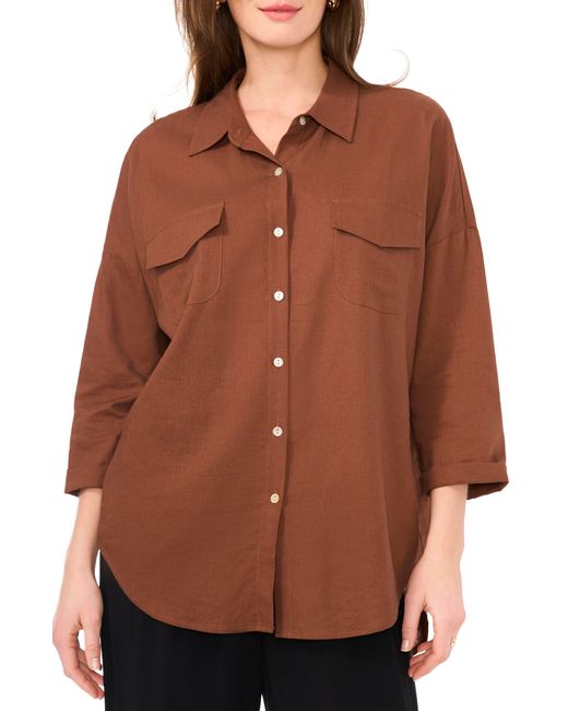 Halogen® Brown Oversize Linen Blend Button-up Tunic