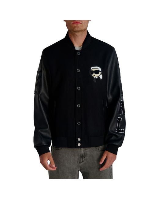KARL LAGERFELD Karl Faux Leather Sleeve Varsity Bomber Jacket in Black for  Men | Lyst