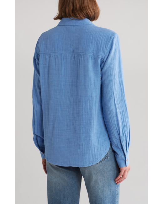 Beach Lunch Lounge Blue Long Sleeve Tie Hem Cotton Gauze Button-up Shirt