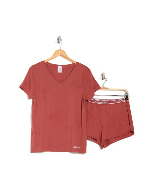 Calvin Klein Red V-neck T-shirt & Shorts 2-piece Pajama Set