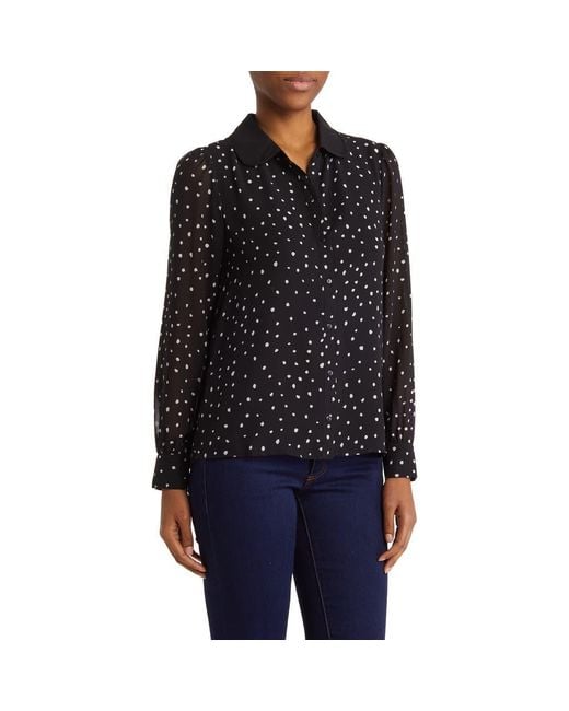 DR2 by Daniel Rainn Black Peter Pan Collar Polka Dot Button Front Long Sleeve Blouse