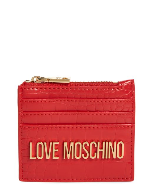 Love Moschino Red Croc Embossed Faux Leather Zip Card Wallet