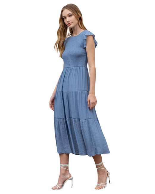 Blu Pepper Blue Flutter Sleeve Smocked Tiered Midi Dress