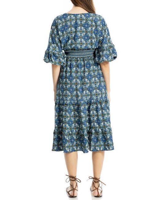 Max Studio Blue Elbow Sleeve Ruffle Midi Dress