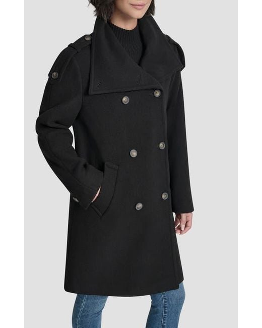 DKNY Black Double Breasted Wool Blend Military Coat