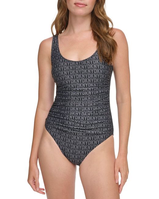 DKNY Blue Ruched One-piece Swimsuit