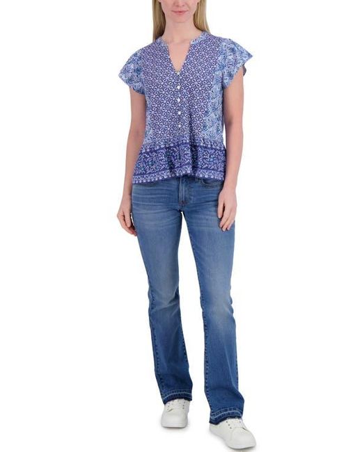 Lucky Brand Blue Mix Print Flutter Sleeve Top
