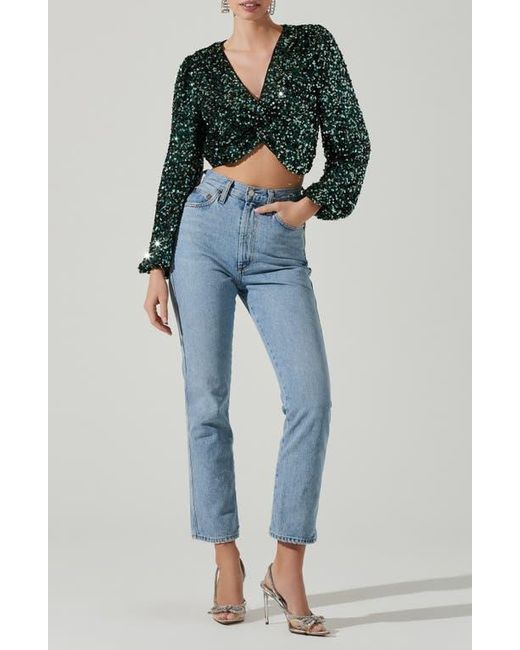 Astr Blue Nix Twist Sequin Crop Top