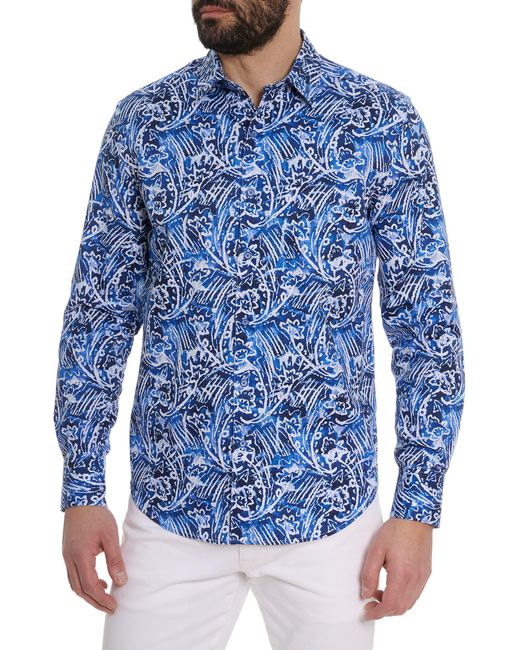 Robert Graham Blue Floral Wave Print Long Sleeve Shirt for men