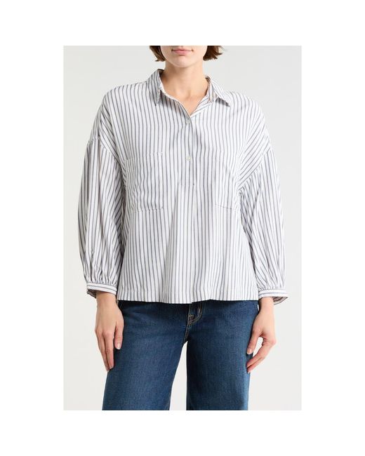 Max Studio White Stripe Half Button-Up Shirt