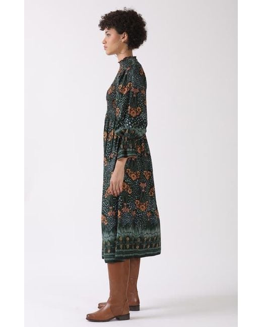 CELINA MOON Aurnia Smocked Long Sleeve Midi Dress in Black | Lyst