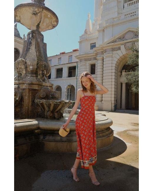 Wayf Josefina Scarf Print Linen Blend Midi Dress in Red | Lyst