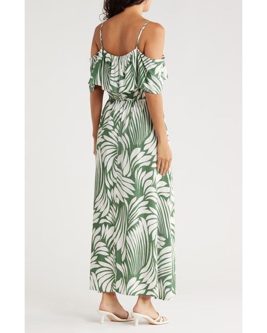 AREA STARS Green Fan Print Cold Shoulder Maxi Dress