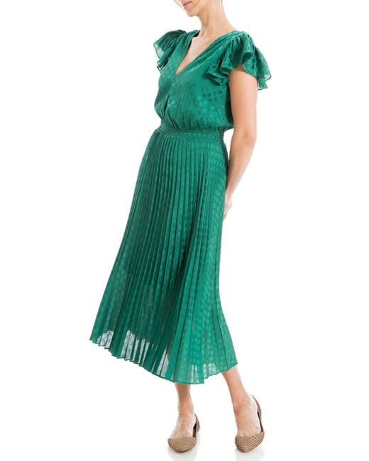 Max Studio Green Polka Dot Pleated Satin Midi Dress