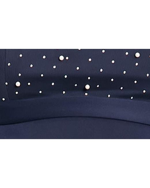 London Times Blue Long Sleeve Faux Pearl Illusion Midi Dress