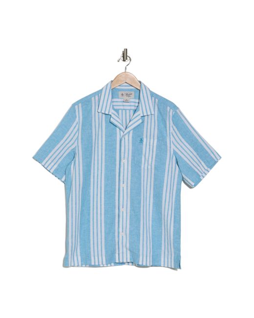 Original Penguin Blue Stripe Linen & Cotton Camp Shirt for men
