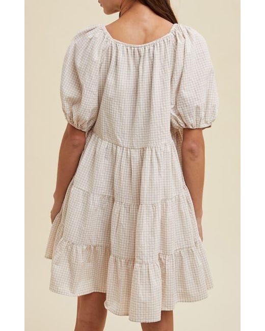 Wishlist Natural Plaid Puff Sleeve Cotton Blend Tiered Minidress
