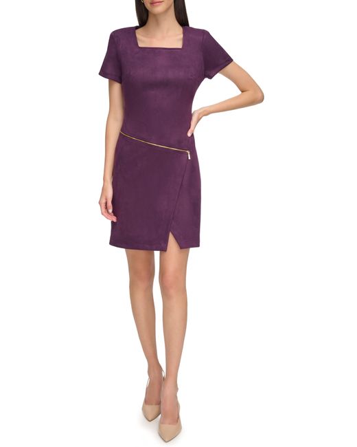 Calvin Klein Purple Faux Suede Short Sleeve Sheath Dress
