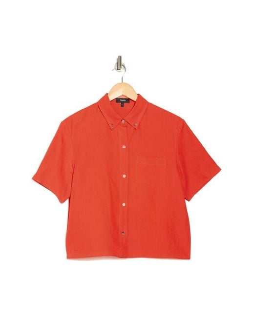 Theory Red Boxy Short Sleeve Linen Button-Down Shirt