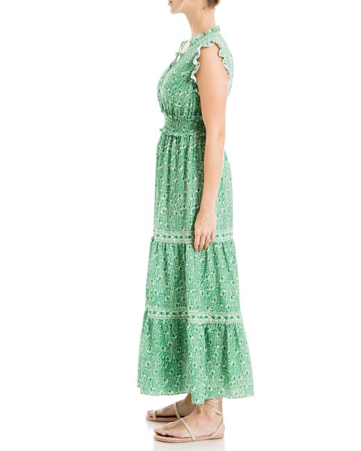 Max Studio Green Sleeveless Smocked Floral Print Tiered Maxi Dress