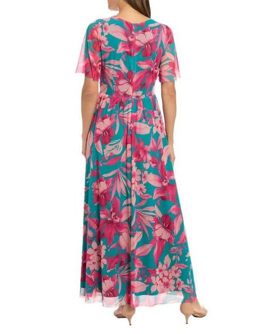 London Times Floral Smocked Flutter Sleeve Mesh Maxi Dress in Blue | Lyst