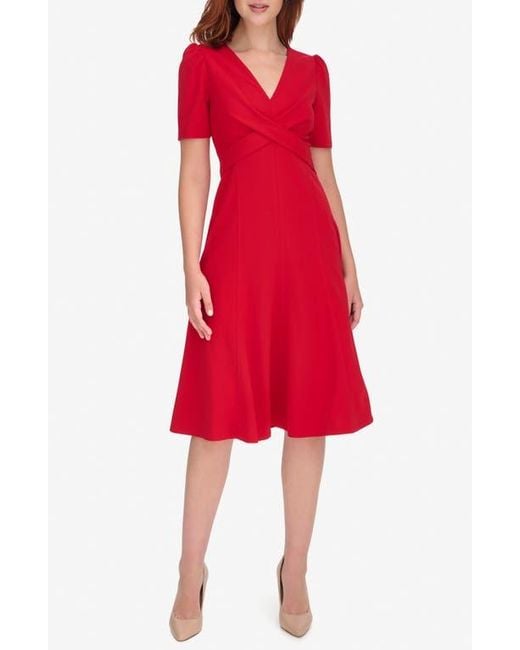 Tommy Hilfiger Women's Red Crossover Scuba Fit And Flare Midi Dress