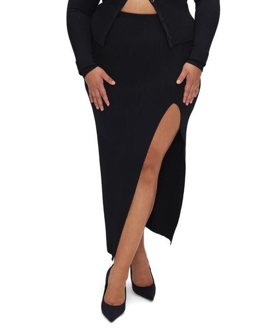 GOOD AMERICAN Black Shine Ribbed Slit Midi Skirt