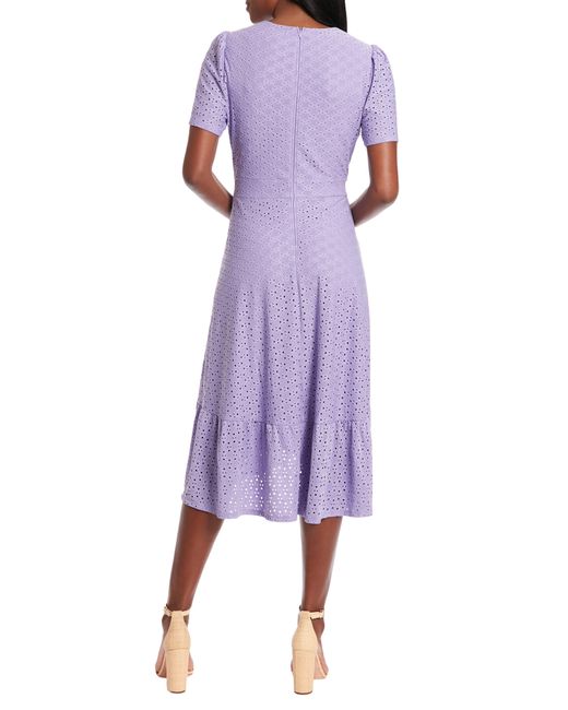 London Times Purple Stretch Eyelet Short Sleeve Ruffle Wrap Dress