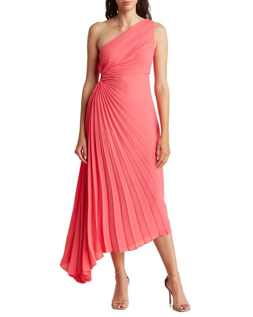 Nicole Miller Red Pleated One Shoulder Asymmetric Dress