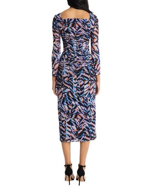 Donna Morgan Blue Ruched Mesh Long Sleeve Midi Dress