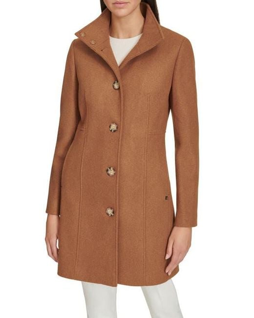 Calvin Klein Brown Faux Wool Coat – Long Button Front Dress Coat With Stand