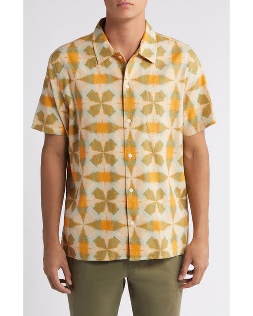 Treasure & Bond Yellow Trim Fit Geo Print Short Sleeve Linen & Cotton Button-Up Shirt for men