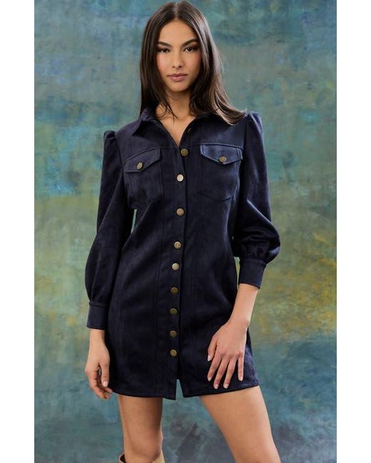 The Good Journey Blue Long Sleeve Faux Suede Minidress