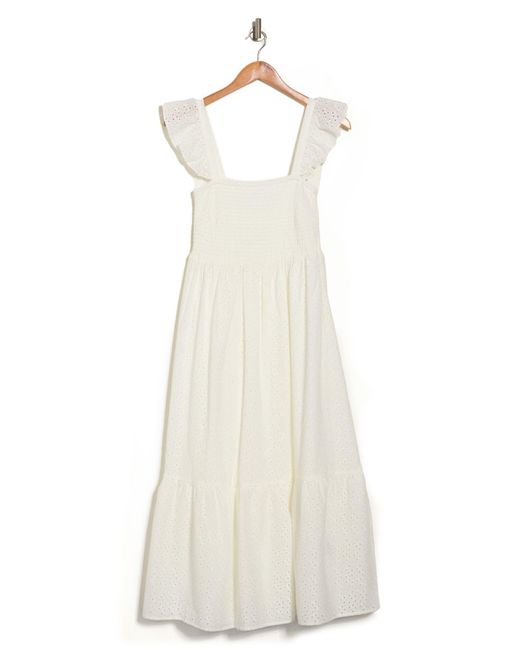 Nanette Lepore Embroidered Eyelet Smocked Tiered Cotton Midi Dress In White At Nordstrom Rack