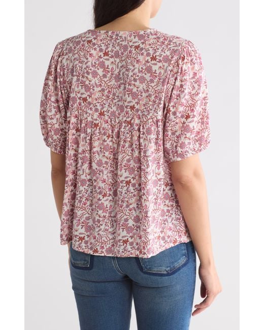Lucky Brand Red Floral Split Neck Top