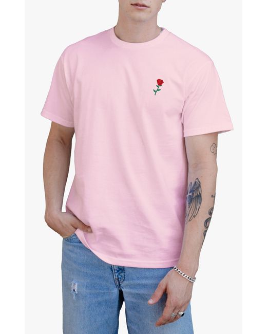 Riot Society Pink Embroidered Rose Cotton T-shirt for men