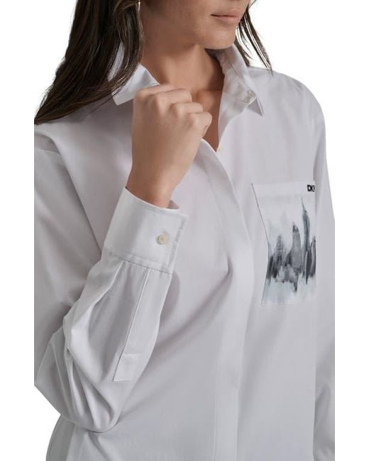 DKNY Gray Skyline Pocket Oversize Long Sleeve Button-Up Shirt