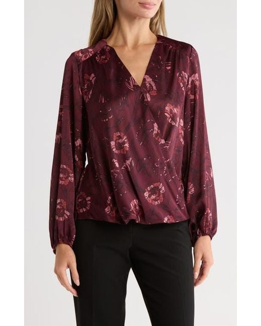 Tahari Red Long Sleeve Faux Wrap Blouse