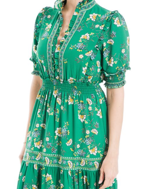 Max Studio Green Ruffle Collar Print Tiered Maxi Dress