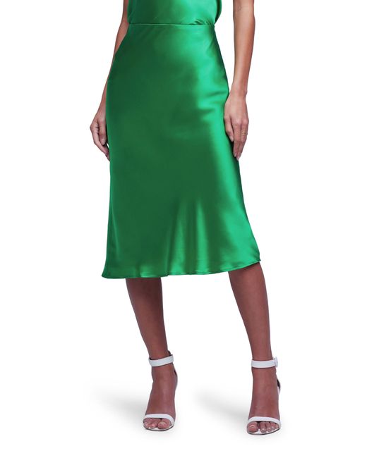 L'Agence Green Perin Bias Cut Silk Satin Midi Skirt