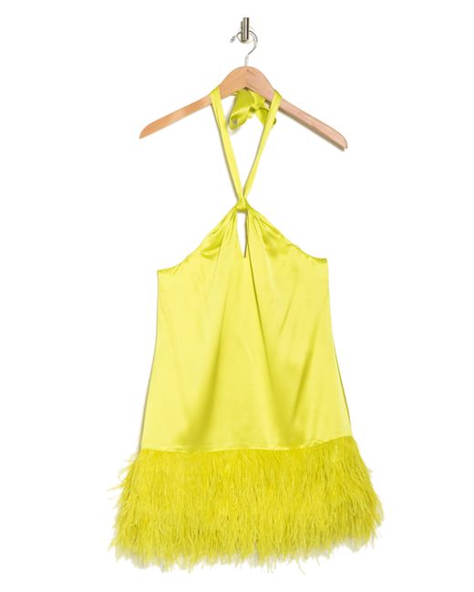 Cinq À Sept Yellow Barb Feather Hem Silk Halter Dress
